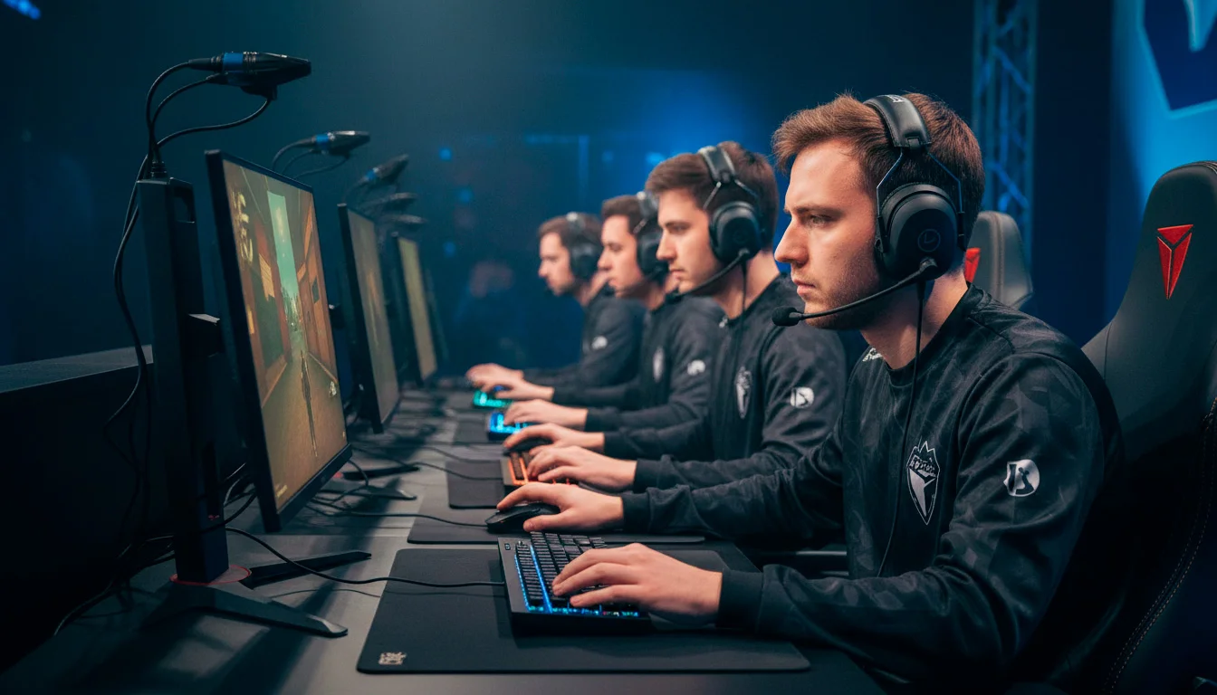 Professionelles Counter-Strike 2 Team im Wettkampf an Monitoren