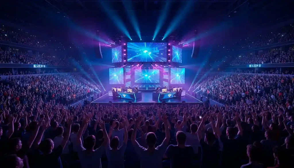 Ausverkaufte eSport-Arena mit Bühne und jubelnden Zuschauern bei einem Turnier