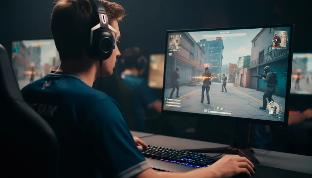 eSport-Spieler vor großen Bildschirmen bei einem professionellen Wettkampf