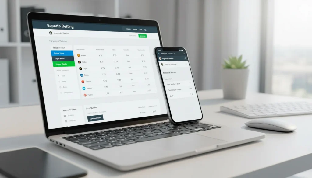 Smartphone und Laptop zeigen eSport-Wettanbieter-Seiten nebeneinander