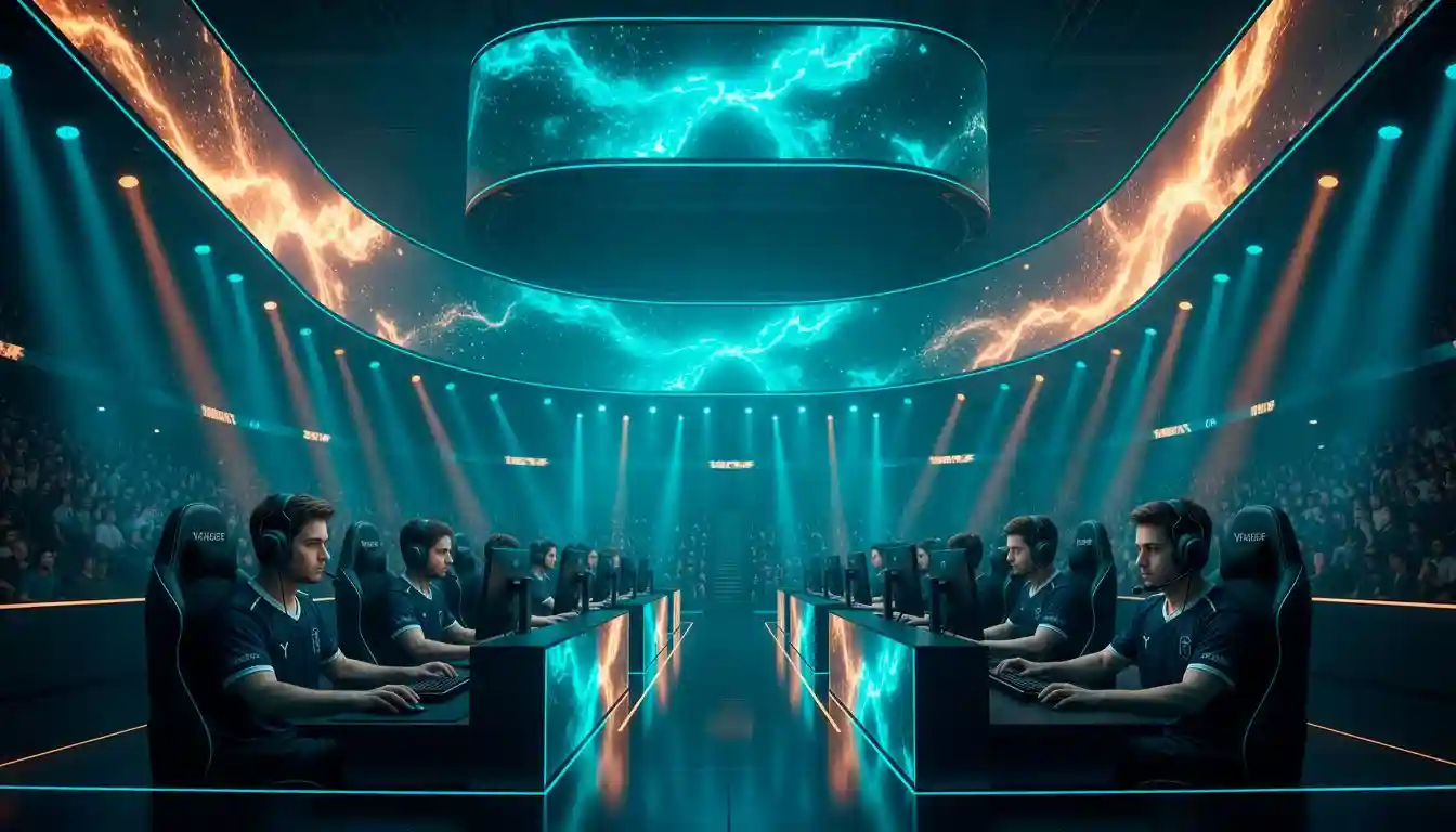 eSport-Arena mit Bühne und Spielern bei einem professionellen Turnier