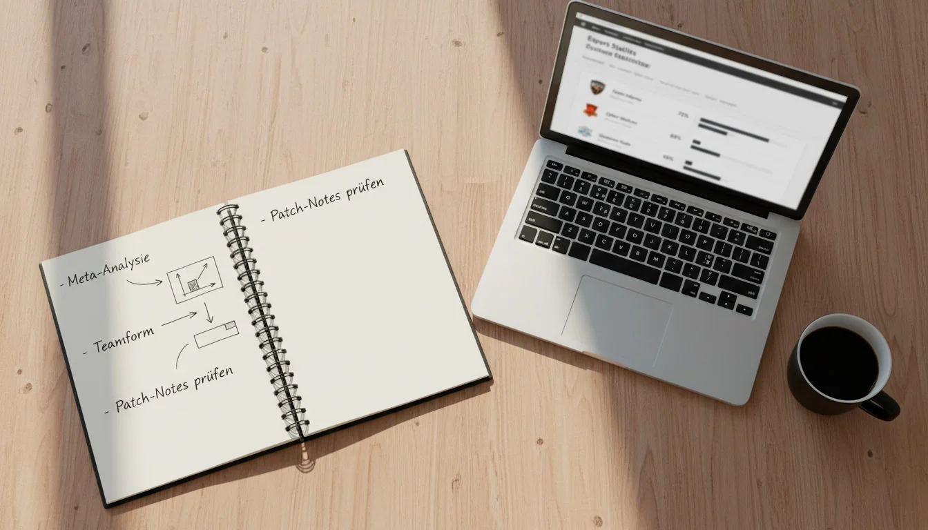 Notizbuch mit eSport-Wettstrategien neben einem aufgeklappten Laptop