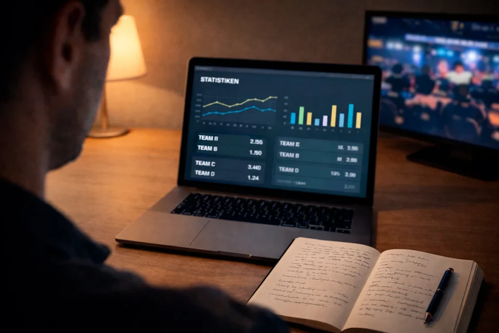 Person analysiert eSport-Wettmärkte auf einem Laptop während eines Turniers